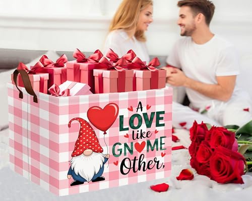 Image of Valentines Day Basket for Kids Heart Shaped Empty Storage Bins for Gifts with Handles Room Decor (Pink Grid Gnome Balloon Love)