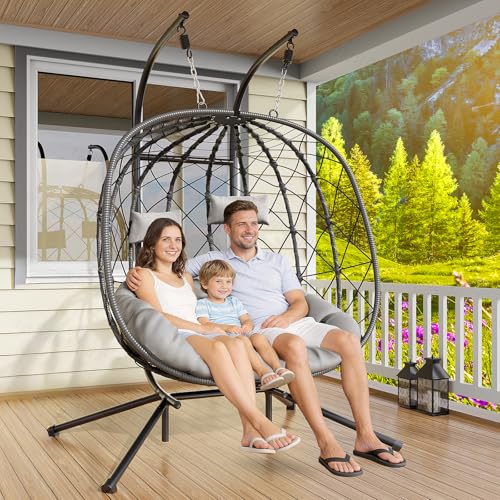 CHABATREE Double Egg Swing Chair with Stand - 2 Person Outdoor Patio Hanging Wicker Hammock Chair with Cushion Dark Grey for Garden Lawn Bedroom Indoor/Outdoor Use