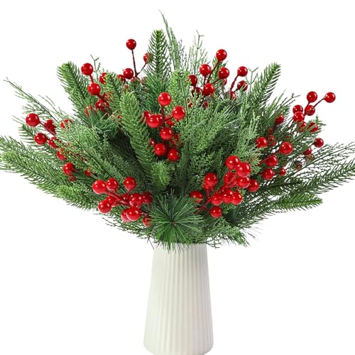 Vellibring 60 PCS Artificial Pine Branches Christmas Faux Pine Greenery Stems Red Holly Berries Fake Cedar Pine Needles Picks for Christmas Tree Wreath Garland DIY Crafts Holiday Home Decoration