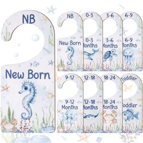 CORNER LACE Baby Closet Dividers 8PCS, Under the Sea/Ocean Animal Theme Wooden Double-Sided Clothes Size Hanger Organizer from Newborn to Toddler for Nursery Decor Baby Shower Birthday Gift