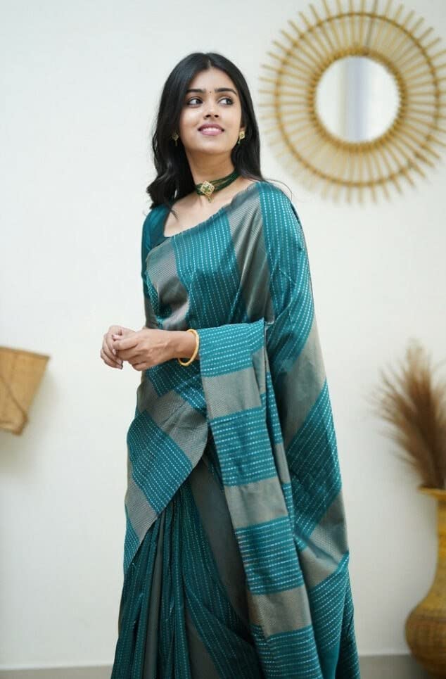 Image of Flosive Women's Present Banarasi Soft Lichi Silk Saree Beautiful Jacquard Rich Pallu Design Work Zari Woven Kanjivaram Silk Style Saree With Soft Lichi Silk Blouse Piece beauty (GREEN).