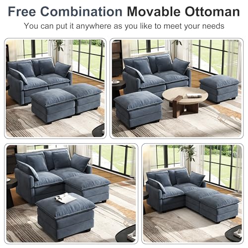 Image of 58 inch Cloud Couch Sectional Modular Sofa, Deep Seat Couches with Ottoman and Removable Washable Pillows for Living Room, Bedroom, Apartment, Blue