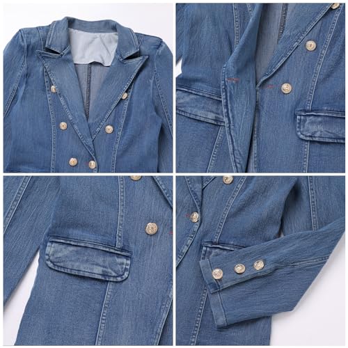 Denim Blazer Suit for Women Notch Collar One Button Office Lady Business Work Outfits Lapel Fall Winter Jean Jacket3