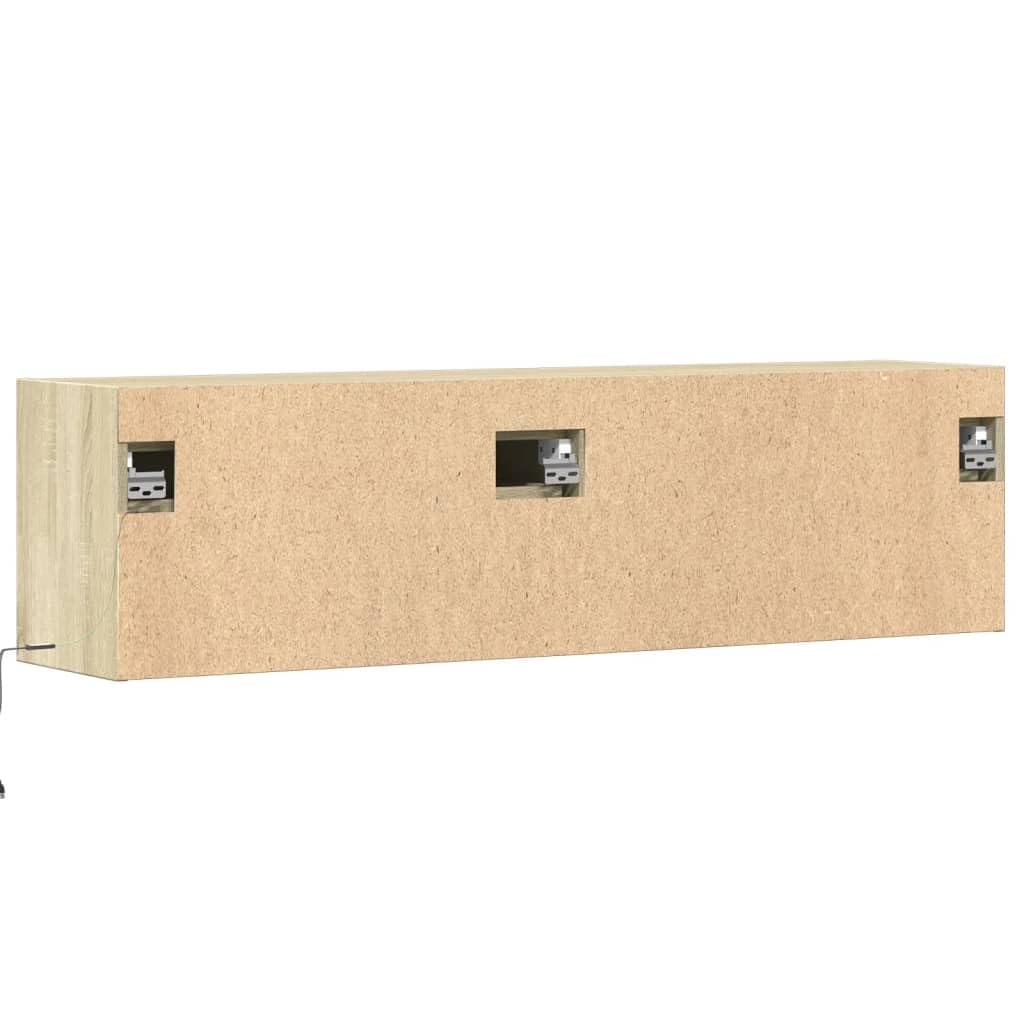Mueble de TV de pared con iluminación LED RGB, roble de sonoma, 140 x 31 x 38 cm, mueble de TV colgante con 2 cajones, mueble de pared con luz de fondo ajustable, moderno debajo de la TV