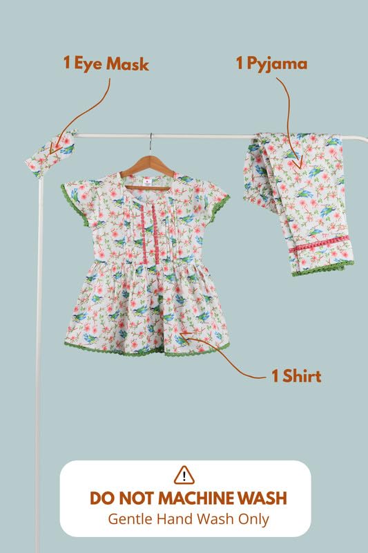 Image of Tweeny Mini Girls Kids Pure Cotton Nightsuit | Nightwear | Sleepwear | Nightdress with Pajama and Halfsleeve Top Cute Butterfly Printed with Eye Mask