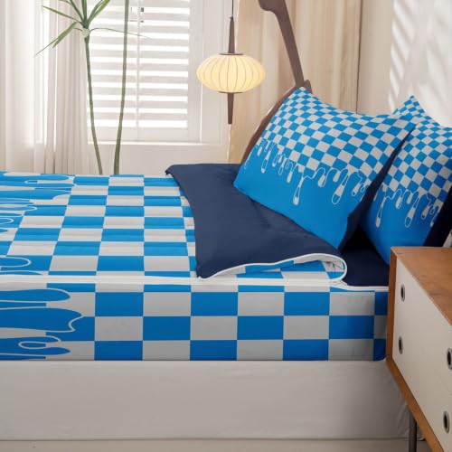Image of Cyan Teal Checkered Zipper Bedding Full SizeGingham Checkerboard Drip Zip Up Bedding Set for Teens Adults, Vintage Aesthetic Trendy Modern Geometric Bed in a Bag Grid Plaid Comforter Set with Sheets