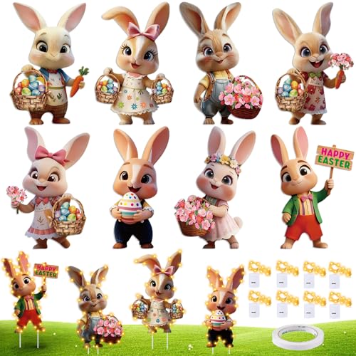 YOUYIKE 8 Stück Gartenstecker Osterhase, LED Leuchtender Garten Figuren Draußen Hasen Gartenschilder Blumenstecker für Ostern Frühlingsdeko Outdoor
