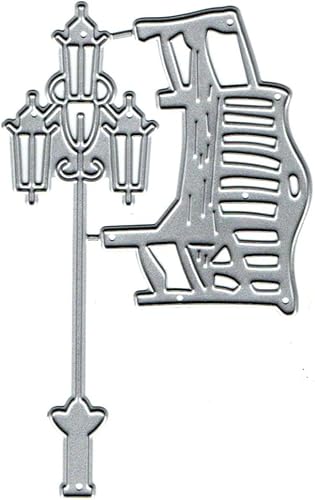 Miniatura 2 de Juego de 2 piezas de banco de parque de luz de calle, troquelados de metal, luces de Feliz Navidad, plantillas cortadas, álbumes de recortes, papel