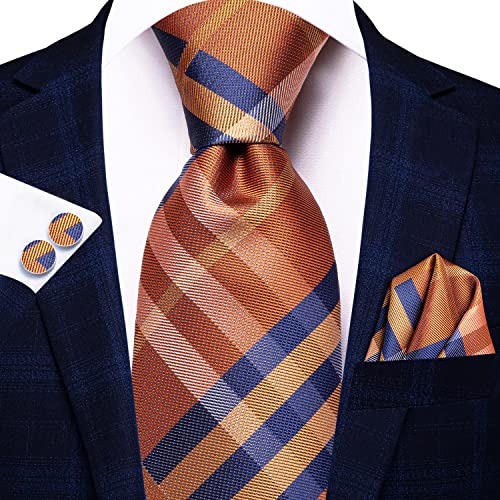 Men's Orange and Blue Plaid Tie, Pocket Square and Cufflinks Set for Formal Party