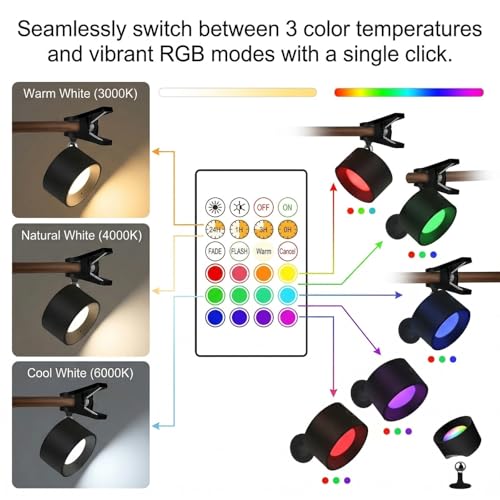 Image of Rechargeable Magnetic LED Wall Light with Clip on Base 360 Rotation RGB and 3 Color Temperatures Dimmable Touch Control Cordless Reading Lamp for Bedside Study and Wall Decor
