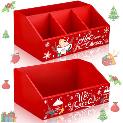 Shellwei 2 Pcs Christmas Hot Cocoa Bar Wood Storage Box Coffee Station Organizer Xmas Basket Organizer Bin Christmas Cute Wood Storage Hot Chocolate Decorative Box for Home Kitchen Office Gift