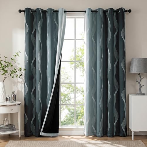 Image of MYSKY HOME Grey and Greyish White 95% Blackout Ombre Curtains 84 inch Long 2 Panels Set for Living Room Bedroom Black Out Thermal Insulated Energy Saving Wave Line Foil Print Grommet Drapes, 52 inch W