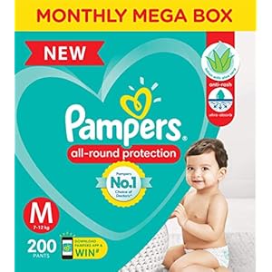 Pampers All round Protection Pants, Medium size baby diapers (MD) 200 Count, Anti Rash diapers, Lotion with Aloe Vera
