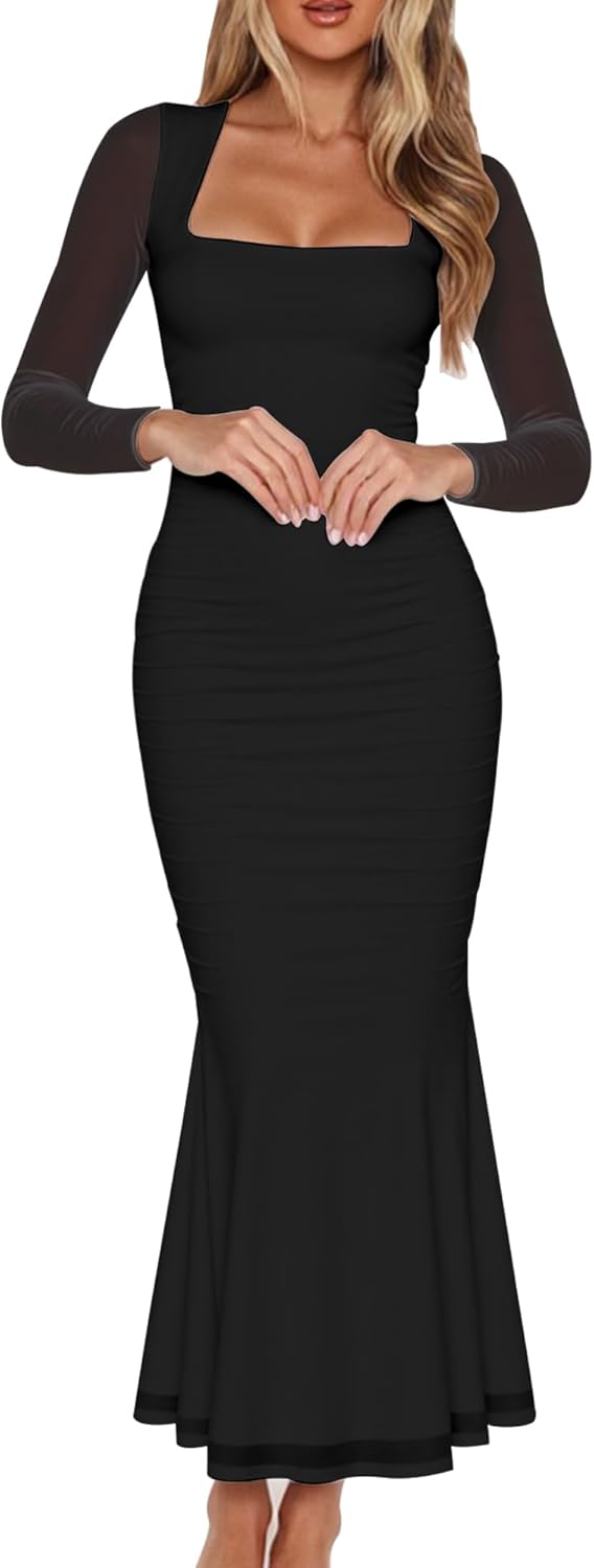 BORIFLORS Women's Ruched Bodycon Long Sleeve Maxi Dress Mesh Square Neck Cocktail Party Long Dresses