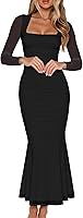 BORIFLORS Women's Ruched Bodycon Long Sleeve Maxi Dress - Mesh Square Neck Mermaid Hem Cocktail Party Gown