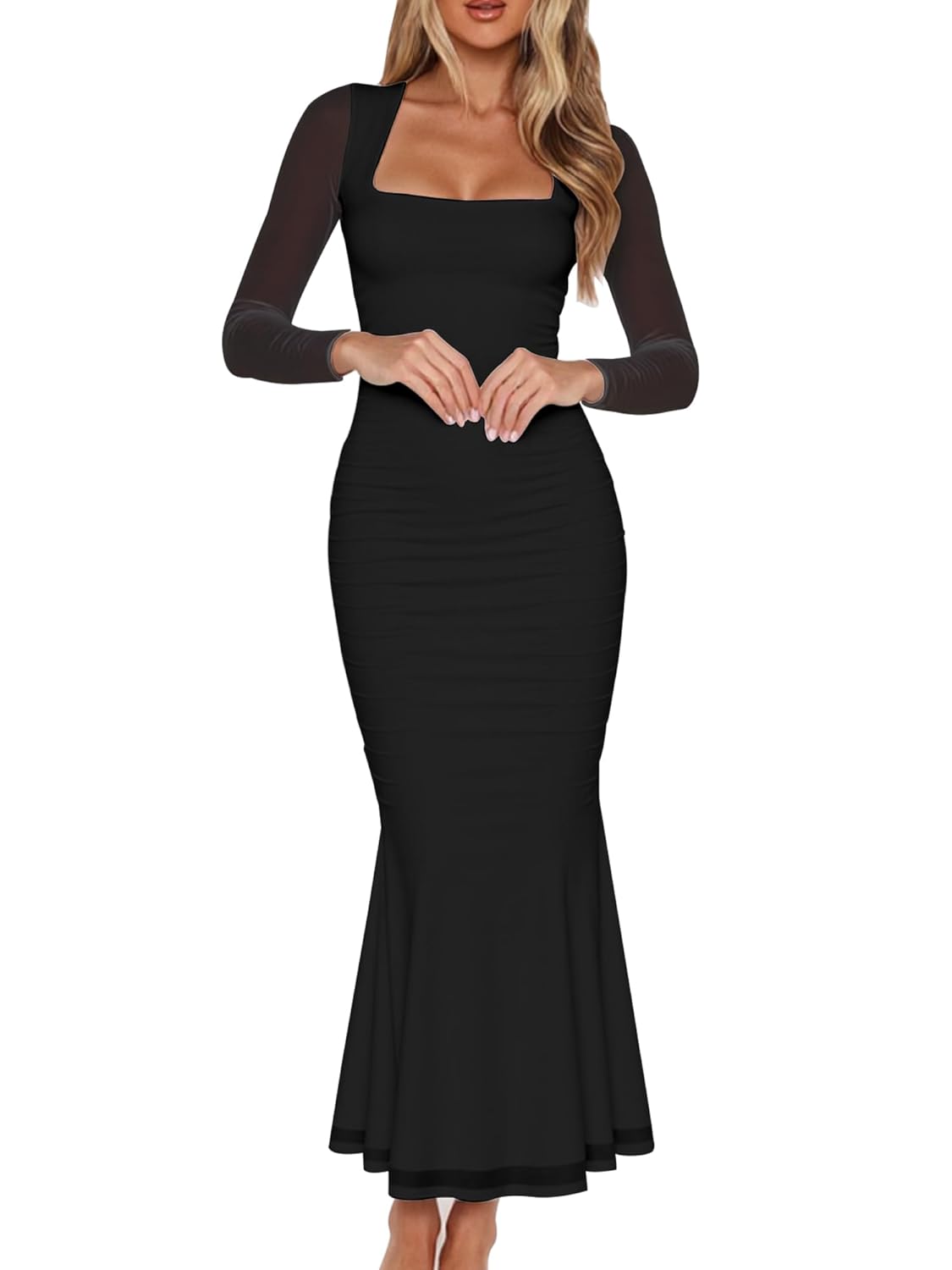 BORIFLORS Womens Ruched Bodycon Long Sleeve Maxi Dress Mesh Square Neck Cocktail Party Long Dresses