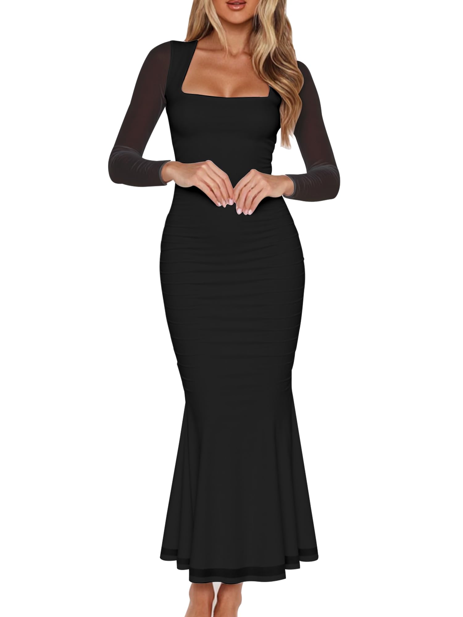 BORIFLORS Womens Ruched Bodycon Long Sleeve Maxi Dress Mesh Square Neck Cocktail Party Long Dresses
