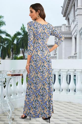 Image of WNEEDU Women's 3 /4 Sleeve Casual Loose Long Maxi Dresses with Pocket | Empire Elastic Waist, Crewneck, Floor Length, Soft Stretchy Flowy, Formal Dress, Wedding Wear, Solid Color and Prints