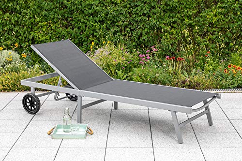 MERXX Gartenliege Florenz mit verstellbarem Rückenteil und Rollen 199cm, Gestell Aluminium Silber, Bezug Kunstgewebe schwarz, wetterfest