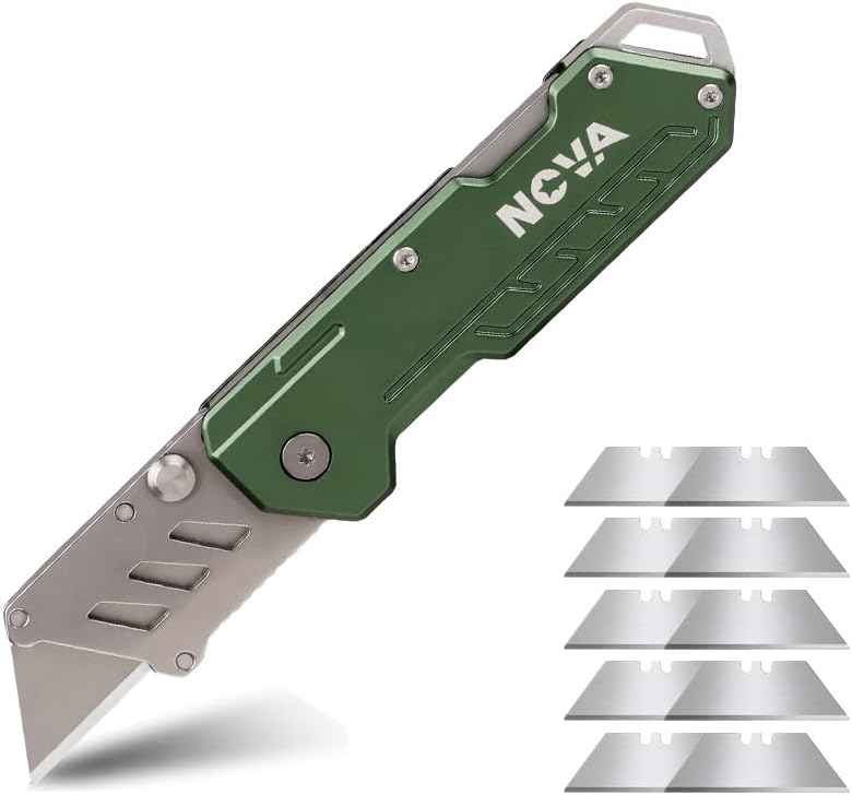 Nova Folding Utility Knife with 10 Extra Utility Blades, Safety Lock and Belt Clip for Durable Box Cutter, Quick Change Blades (Green)