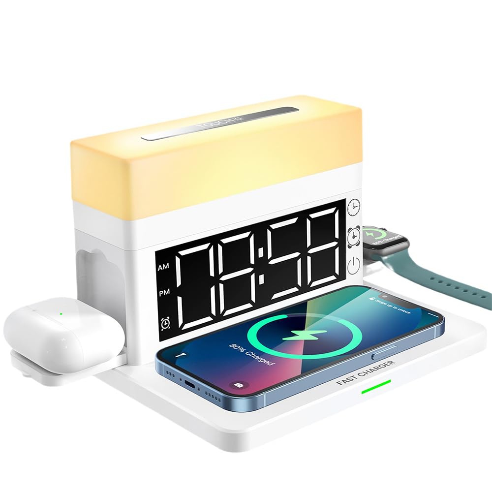 IHAO 6in1 Smart Alarm Clock with Wireless Charger RGB Mood Light 15W Fast Wireless Charging for All Qi Phone TWS Headphone Compliant with i-Watch 7 Color Night Light Large Digital Display-White