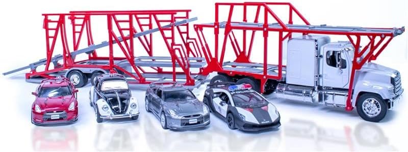 NewRay Freightliner 114SD Auto Transporter Diecast Truck with 4 Assorted Cars, Long Hauler Truck, 1:32 Scale Semi Truck Toy with Trailer, Gift for Truckers and Collectors