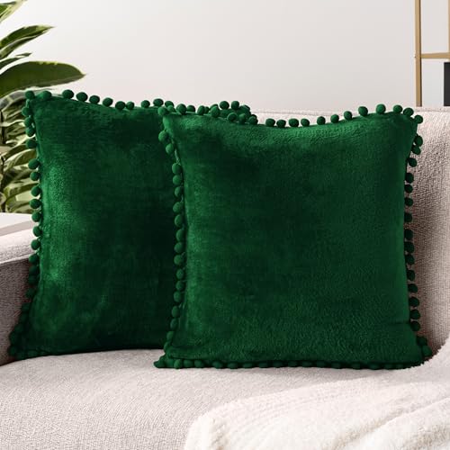 PAVILIA Emerald Green Throw Pillow Covers with Pom Pom 18x18 Set of 2, Decorative Pillow Cases for Bedroom Aesthetic, Small Throw Pillows Set for Bed, Velvet Euro Plush Cushion Covers for Sofa Couch