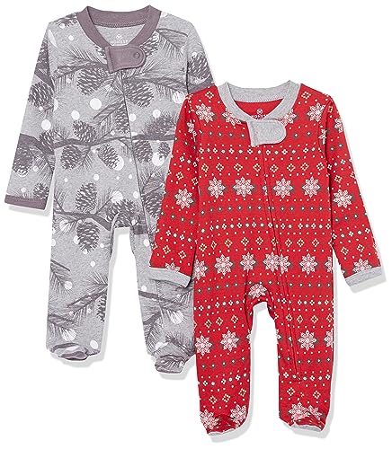 Image of HonestBaby Sleep and Play Footed Holiday Pajamas One-Piece Sleeper Zip-front Organic Cotton PJs Baby Boys, Girls, Unisex, Night Pine, 0-3 Months