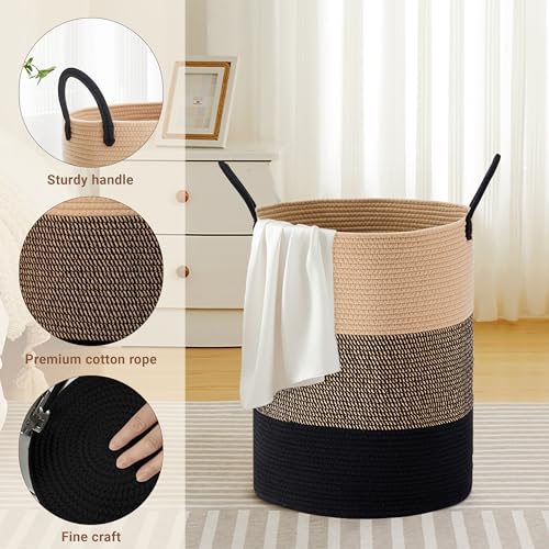 Image of 58L Tall Cotton Rope Laundry Basket with Handles, Brown & Black