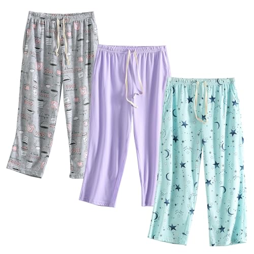 Image of PNAEONG 3 Pack Women Pajama Pants Capri Length Drawstring Pj Bottoms Sleep Lounge Pants with Pockets S-3XL