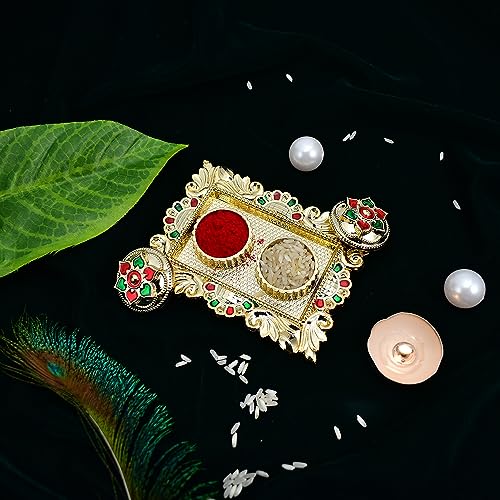 Image of Periapt Rakhi Combo (K2 560+908 AA1) with Pooja Coin, Gold Color Pooja Thali / Tilak Set & Greeting Card, rakhi thali | rakhi for brother and bhabhi | Rakhi with plate | Rakhi for kids | rakhi for brother and bhabhi | handmade rakh | rakhi for brother kids | rakhi Set of 2