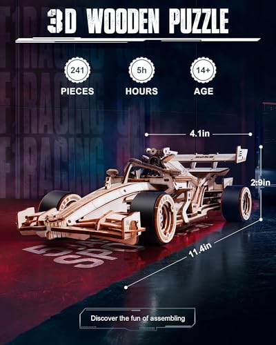 Image of ROKR 3D Wooden Puzzle 1:18 Scale Formula Racing Cars, Wind up Toys Model Car Kits for Adults to Build, Ideal Hobby Gift for Boys and Men Desk Decor Display