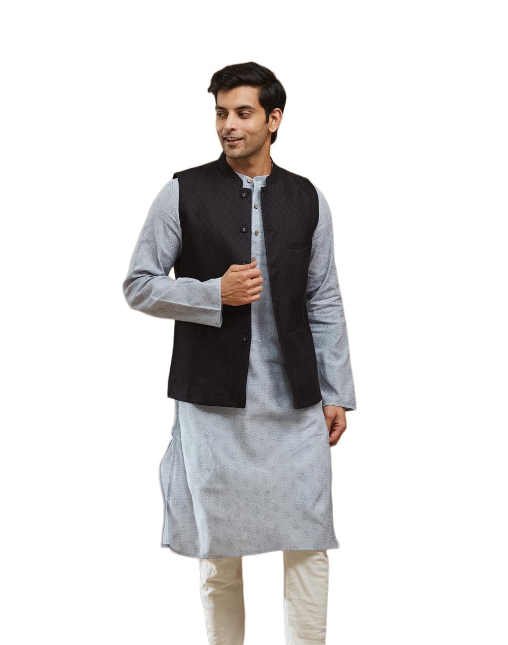 Black Viscose Silk Geometric Slim Fit Nehru Jacket-image-38