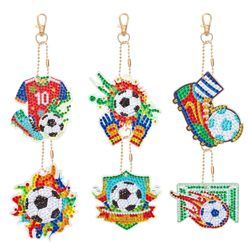 JSRQT 5D DIY Kit de Llaveros Pintura Diamantes de Fútbol, 6Pcs Llaveros Pintura Diamantes Pegados de Doble Cara para Niños Adultos, Colgante de Pintura Mosaico para Bolso Mochila Decoración de Fiesta