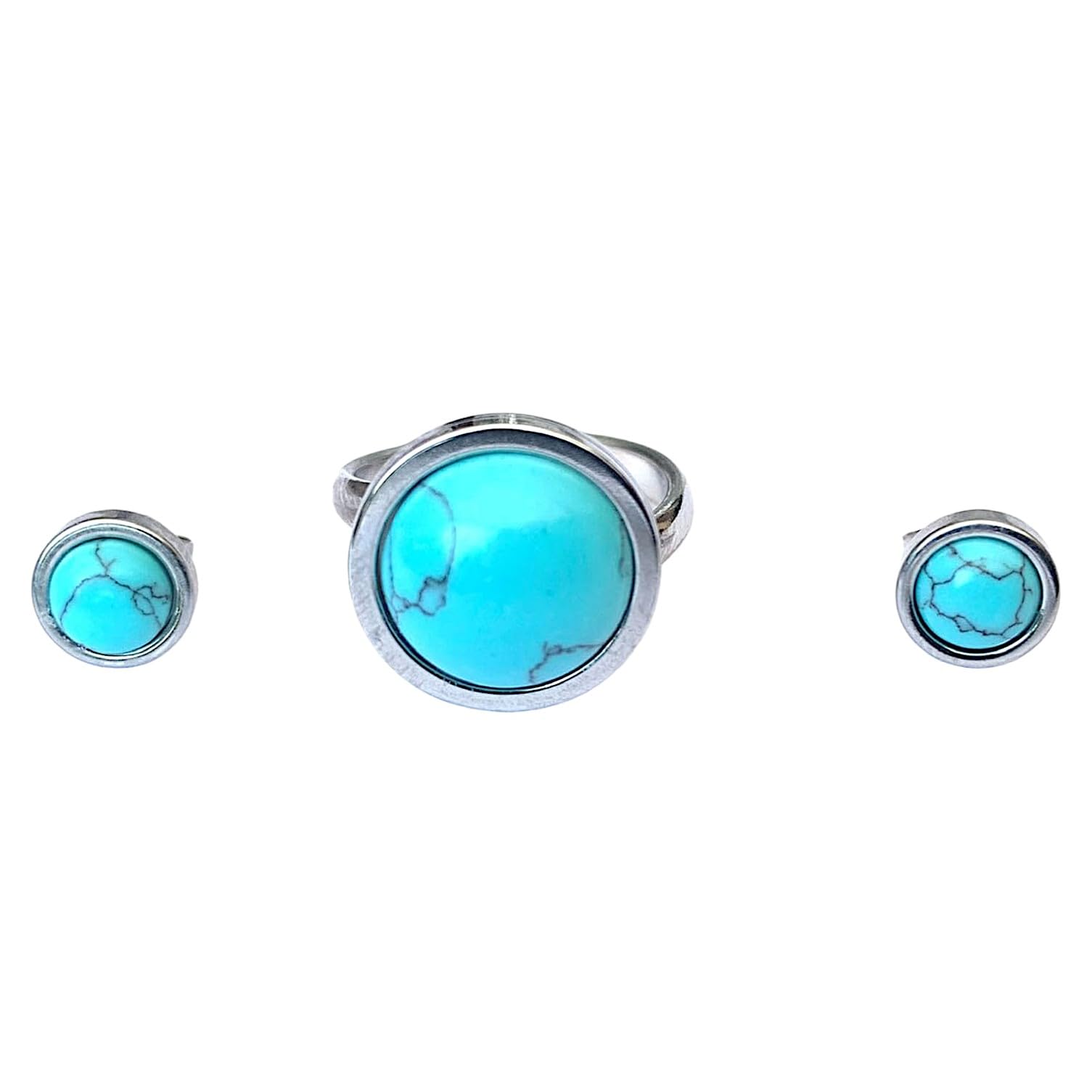 ASTER ALHELÍ Conjunto Anillo y Pendientes con Piedras Naturales - Anillo y Pendientes a Juego de Acero Inoxidable color Plata - Anillo Mujer Amuleto de Protección - Perfecto para Regalo (Turquesa)