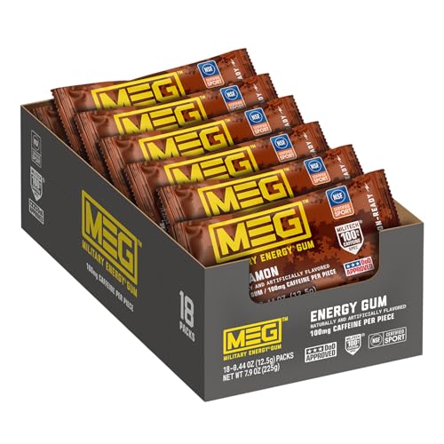 Image of MEG (Military Energy Gum) - Cinnamon | Enhance Your Physical Performance with 100mg of Caffeine Per Piece, Ultimate Boost for Workouts, Alternative to Caffeinated Drinks | NSF for Sport Certified - Pack of 18