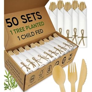 Premium Pre-Rolled Napkin and Bamboo Cutlery Set (50 Pack, 200 PCS) 100% Biodegradable, Eco-Friendly, Disposable Wrapped Cutlery – Includes Pre-Wrapped Bamboo Forks, Knives, Spoons, & Napkins