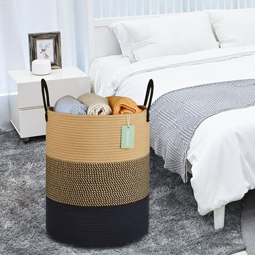 Image of Large Cotton Rope Laundry Hamper for Clothes 65L, Brown & Black | 16 inchx 20 inch, Tall Woven Storage Basket for Nursery, Bedroom & Living Room; Stores Clothes, Blankets, Pillows, Toys & Towels