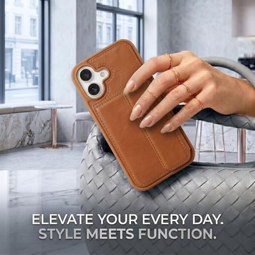 Image of amazon basics Luxury Vegan Leather Back Cover for iPhone 16 | Built-in Card Holder Slot | Integrated Mobile Stand | Slim Shockproof Protective Case with Stitched Finish - Tan