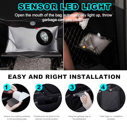 Image of Yourkar Car Hanging Trash Can, Magnetic Closure LED Light Auto Trash Bag Storage Pocket, Collapsible Waterproof Leather Hanging Trash Can with Disposable Trash Bag, Car Accessories (Beige)