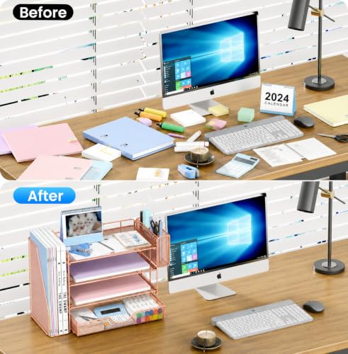 Image of OPNICE Desk Organizers and Accessories, 4-Tier Desktop File Organizer with Drawer and Pen Holders, Office Desk Accessories Workspace Organizers for Office Supplies (Rose Gold)