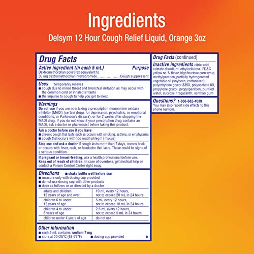 Delsym 12 Hour Cough Relief Liquid- Day Or Night, Orange Flavor Cough Medicine With Dextromethorphan Helps Quiet Cough By Suppressing Cough Reflex, 3 Oz. #TOP7