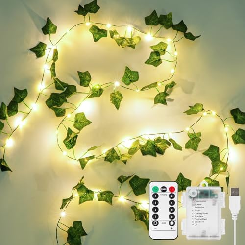KASZOO 33ft 100 LED Vine with Fairy Lights with Remote - Fake Vines String Lights Battery/USB Operated, Ivy Garland, Leaf Lights for Bedroom Garden Party Wall Room Decor