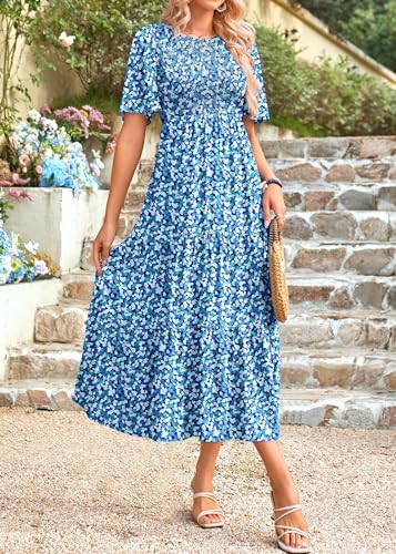 Image of KIRUNDO Summer Dresses for Women 2026 Spring Casual Flutter Short Sleeve Wedding Guest Smocked Flowy Tiered Aline Midi Dress