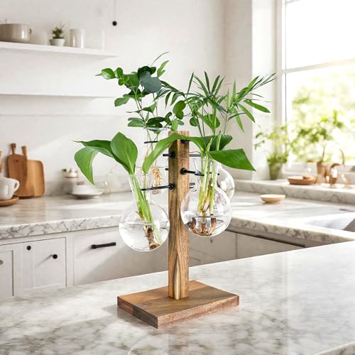 Plant Propagation Station with Acacia Wood Stand and 4 Glass Vases, Stylish Propagation Vases for Plants, Home & Garden Décor – Ideal Gift for Plant Lovers & Gardening Enthusiasts
