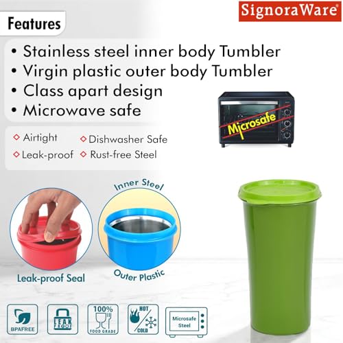 Image of SignoraWare Monarch Stainless Steel Tumbler | Airtight & Leakproof | Easy to Carry & Clean | Ideal for Cold Beverages | Perfect for Office, School, Home & Outdoor Use (650ml | Green)