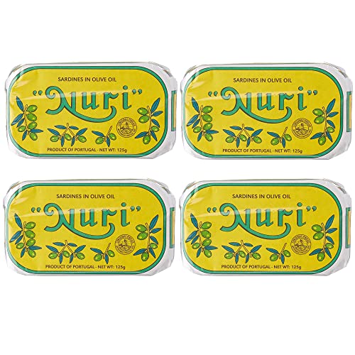 Nuri Brand Sardines in Olive Oil, 4 Pack, 125g ea. Delicious Portuguese Sardines for Salads, Toast and More.