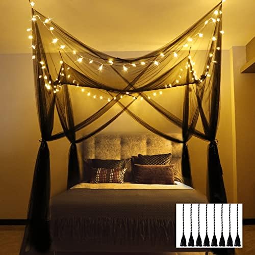 Black Canopy Bed Curtains with Lights Bedroom Decor 4 Corners Post LED Black Bed Canopy Gothic Room Decoration, 100LED Warm White Elegant Princess Canopy Tent Hanging for Girl Women Queen King Bed