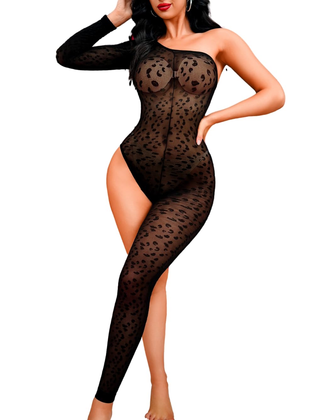 EHSUYABOne Shoulder Mesh Jumpsuit, Sexy Fishnet Leopard Bodysuit Rave Party Club Music Festival, Exotic Wear Dancer Outfits