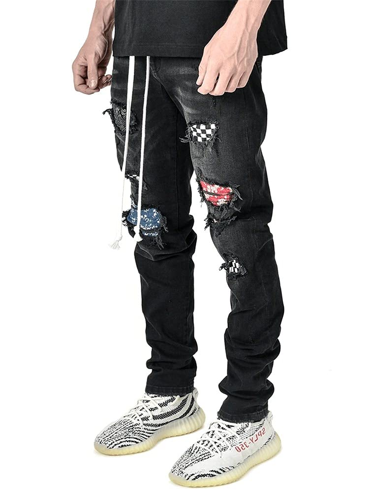 WQZYY&ASDCD Jeans Pantalon Herren Moto Biker Jeans Hip Hop Sticken Schwarz Blau Cool Skinny Ripped Stretch Slim Elastische Denim Bleistifthose Herren S-3Xl
